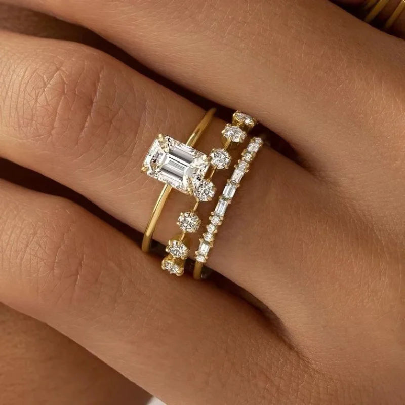 luckacco exquisite women rings gold color square round white stone rings set party accessories gift