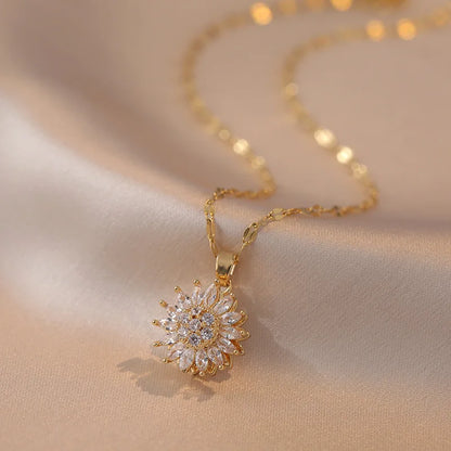Luckacco Rotating Flower Pendant Stainless Steel Chains Necklaces For Women Antique Silver Color Ins White Zircon Sun Clavicle Necklace