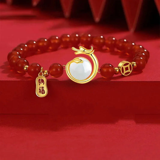 Luckacco 2024 Chinese Style Zodiac Dragon Bracelet For Women Men Brings Wealth Health and Good Luck Red Beaded Couple Bracelet Jewelry Gi