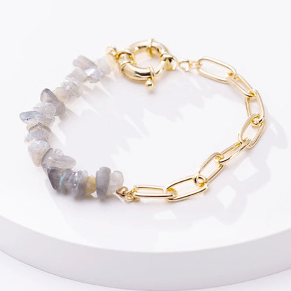 Luckacco Women Fashion Half Stainless Steel Chain Half Purple Natural Crushed Stone Bracelet HD127
