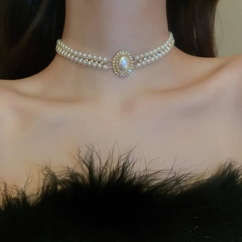 luckacco oval imitation pearl rhinestones double-layered ckokers necklaces for women light luxury temperament fashion jewelry party gifts