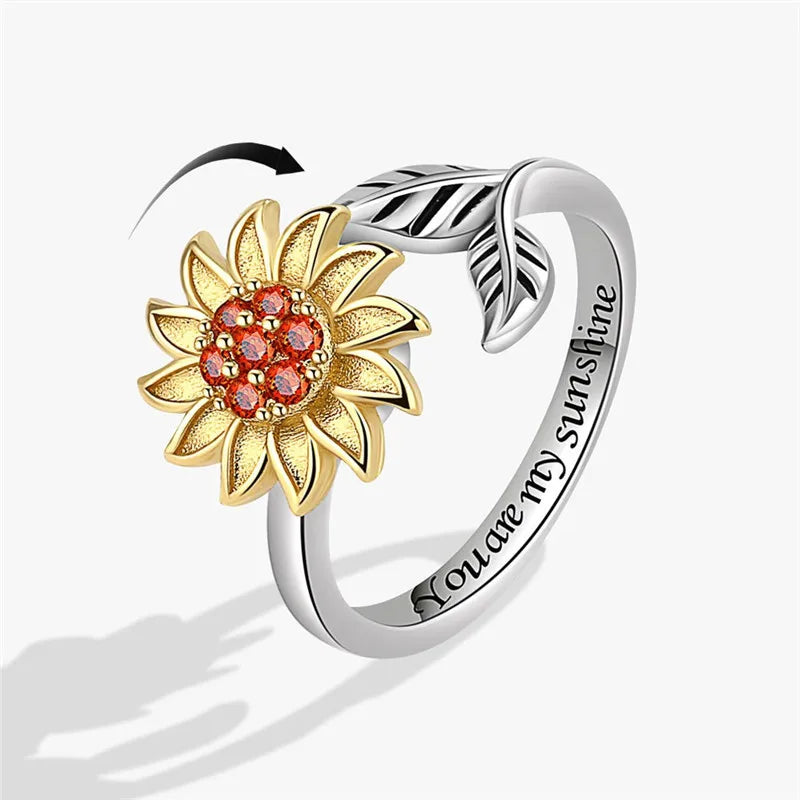 luckacco ethnic mandala flower finger rings for women girls rotating rose sun planet anxiety knuckle ring anti stress jewelry