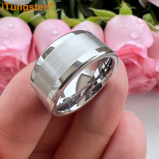 Luckacco iTungsten 10mm 12mm Big Finger Ring Mens Tungsten Flat Engagement Wedding Band With Center Brushed Polished Finish Comfort Fit