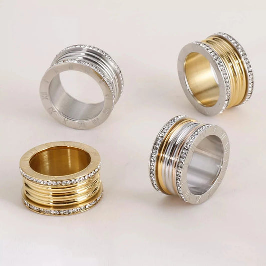 Luckacco Elegant Stainless Steel Large Rings for Women Roman Alphabet Shiny Zircon Ring Chunky Anillos Mujer Party Wedding Jewelry Luxury