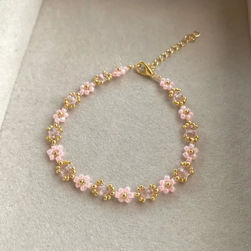 luckacco pink daisy beaded flower bracelet, a gift for her,