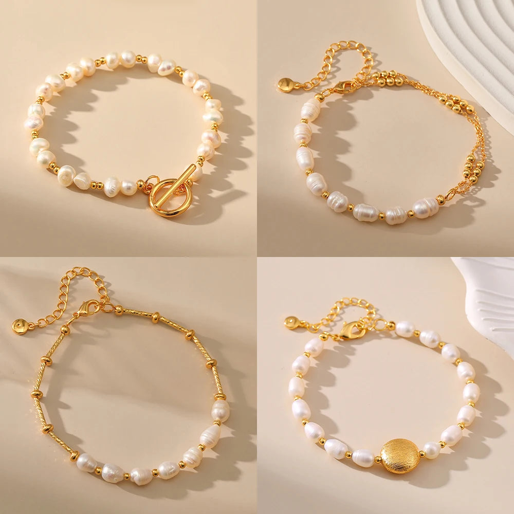 luckacco fashion freshwater pearl gold plated beaded bracelet for women natural pearls with link chain bracelet bangles charm jewelry