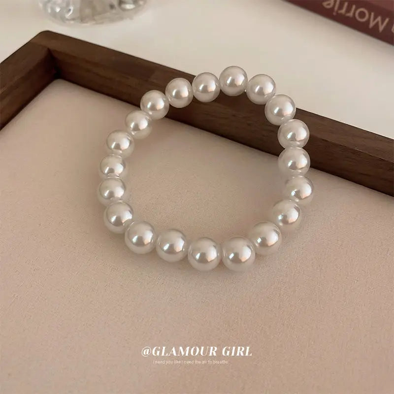 luckacco elegant white faux pearls beaded bracelets for women adjustable elastic rope bracelet french luxury hands jewelry accessories