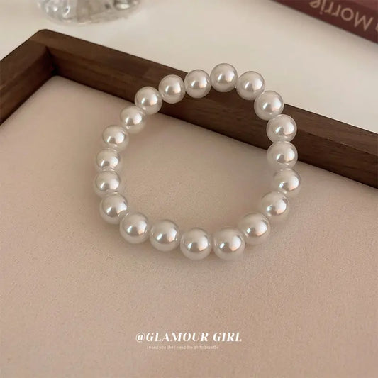 Luckacco Elegant White Faux Pearls Beaded Bracelets for Women Adjustable Elastic Rope Bracelet French Luxury Hands Jewelry Accessories