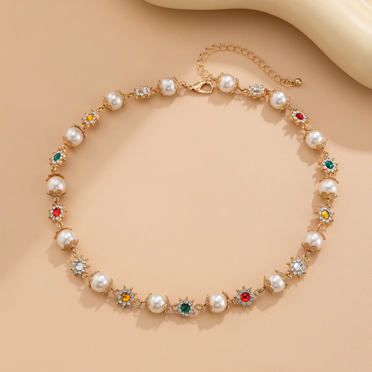 luckacco ifyouoo luxury shinny colorful rhinestone short necklace women imitation pearl choker trousers chain jewelry collar wed bridal
