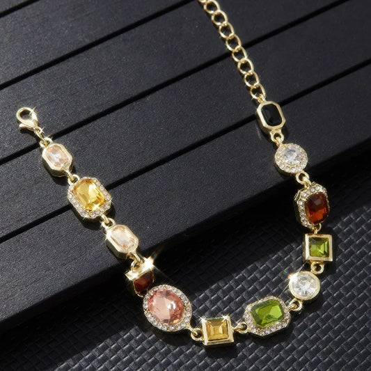 Luckacco Beautiful Multi Shape Colorful Cubic Zirconia Link Chain Bracelets for Women Adjustable Trendy Hand Jewelry