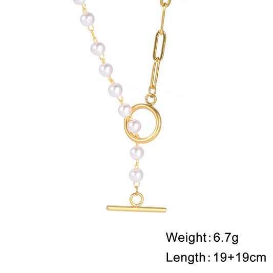 Luckacco Unift Paperclip OT Buckle Pearl Necklace Choker Half Pearl Half Chain Gold Plated Necklace Fashion Boho Wedding Jewelry Women