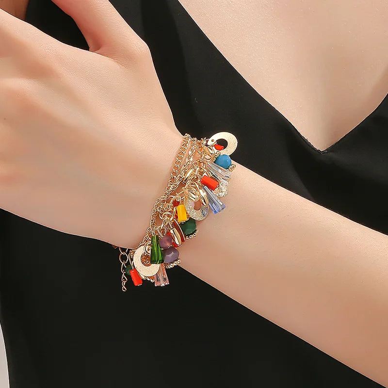 luckacco europe and the united states selling fashionable bohemian glass crystal mixed color multi-layer beaded chain bracelet women