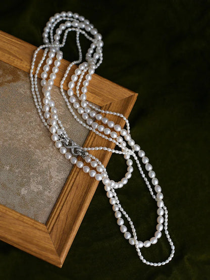 Luckacco Women Elegant Multilayer Long Freshwater Pearls Necklace Sweater Chain Jewelry Fashion Eight Buckle Necklaces