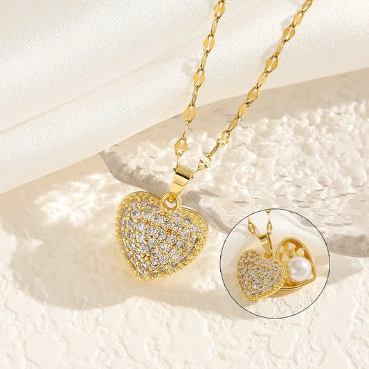 Luckacco picks French Shell Pearl Necklace For Women Gold Color Stainless Steel Zircon Love Heart Clavicle Chain Choker Wedding Jewelry