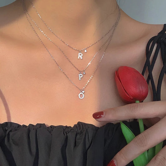 Luckacco 925 Sterling Silver Letter Necklace Shiny Zircon Letter Pendant Collar Chain Your Name Necklace Wedding Jewelry Birthday Gift
