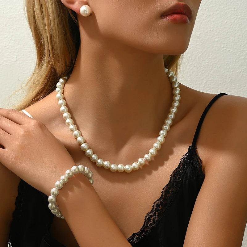 luckacco fashion elegant white imitation pearl chokers necklace for women men wedding banquet necklaces vintage handmade jewelry gift