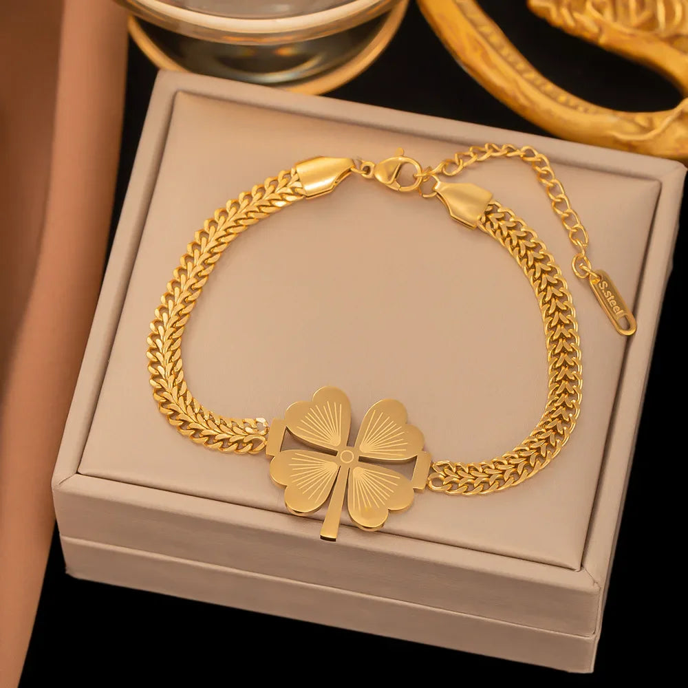 luckacco 2024 trendy creative personality gold color stainless steel world tree bracelet for women luxury inlay crystal bangle jewelry