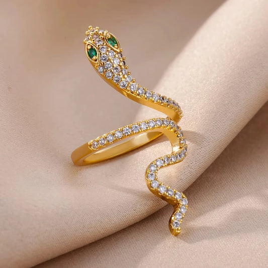 Luckacco Gold Plated Stainless Steel Green Zircon Snake Rings For Women Men Open Adjustable Finger Ring Vintage Gothic Aesthetic Jewelry