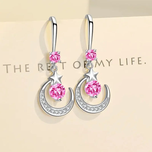 Luckacco Female Fashion Star Moon Earrings 925 Sterling Silver White Sapphire Pink Blue White Artificial Dangle Earrings