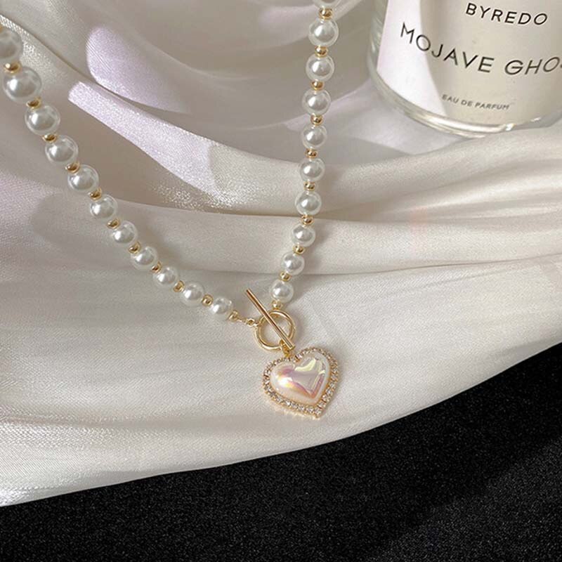 Elegant Big White Imitation Pearl Bead Necklace for Women Crystal Heart Shell Pendant Sweet Wedding Party Jewelry Collier Femme - luckacco