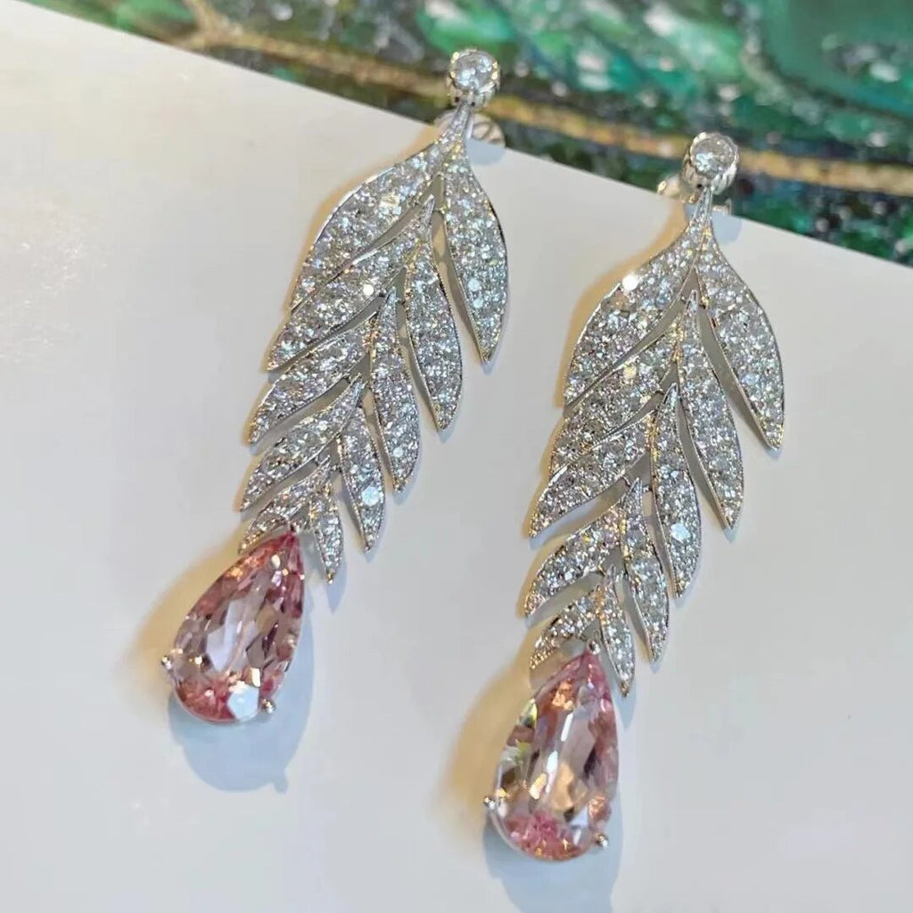 Exquistie Pink Diamond Zircon Drop Earrings Water Drop Leaf Dangling Women Elegant Wedding Engagement Bridal Fine Jewelry