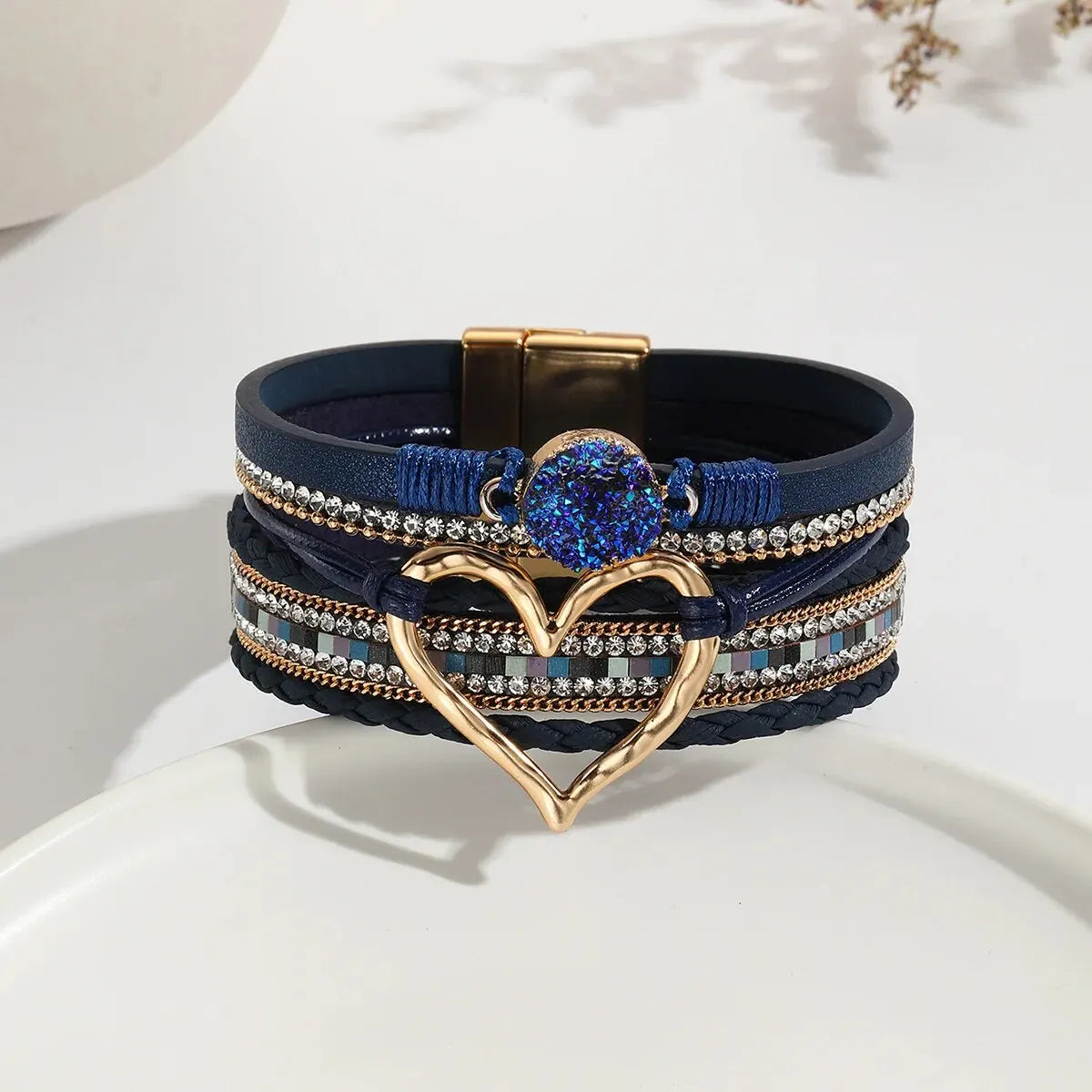 luckacco new metal love heart charm leather bracelets for women fashion bohemian rhinestone resin wrap bracelet bangle couple jewelry
