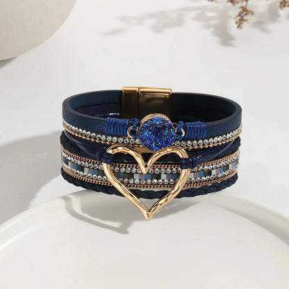 Luckacco New Metal Love Heart Charm Leather Bracelets for Women Fashion Bohemian Rhinestone Resin Wrap Bracelet Bangle Couple Jewelry