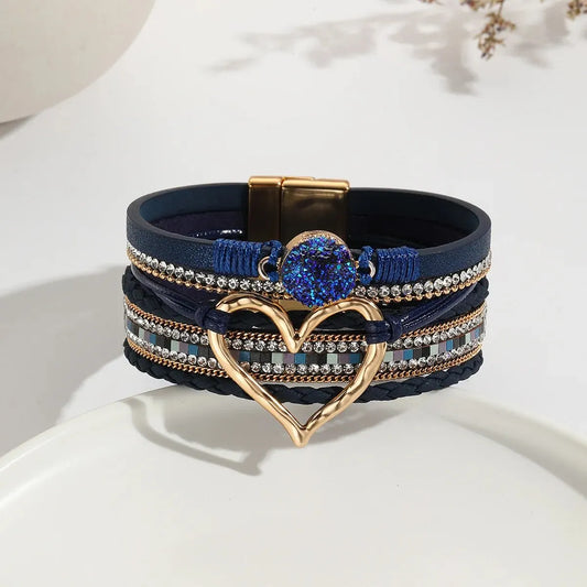 Luckacco New Metal Love Heart Charm Leather Bracelets for Women Fashion Bohemian Rhinestone Resin Wrap Bracelet Bangle Couple Jewelry