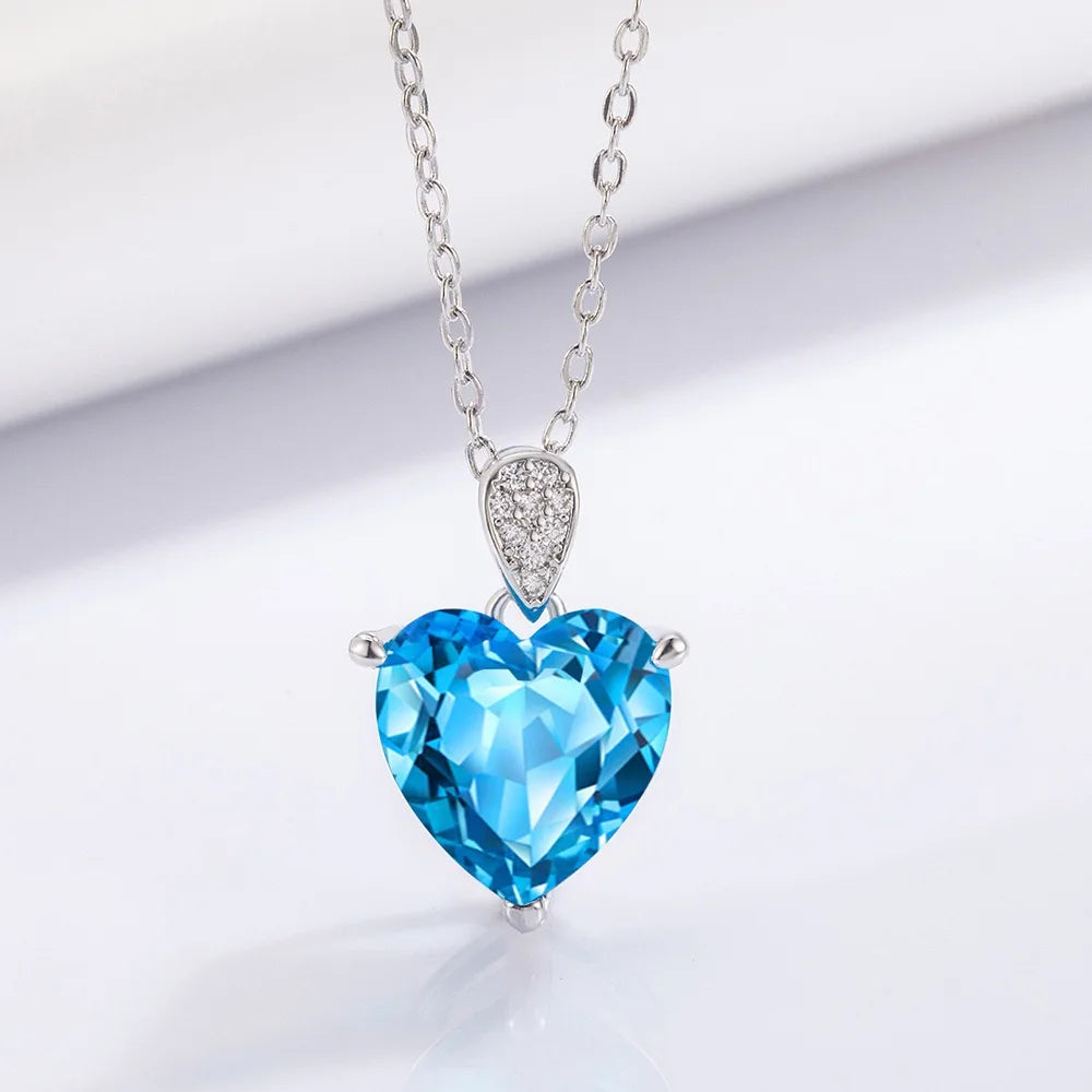 luckacco women's exquisite 925 sterling silver necklace with blue zircon crystal love heart pendant charm jewelry gift