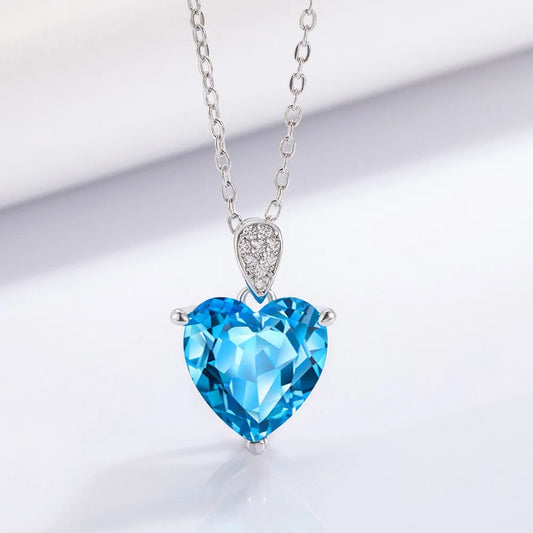 Luckacco Women's Exquisite 925 Sterling Silver Necklace with Blue Zircon Crystal Love Heart Pendant Charm Jewelry Gift