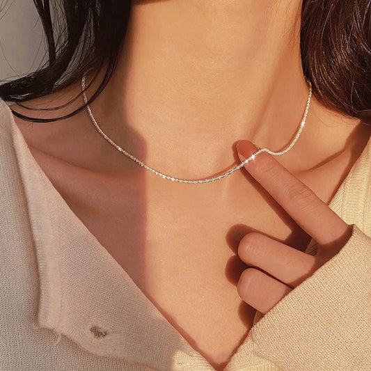 Luckacco S925 Sterling Silver Necklace 2mm Sparkling Collarbone, Sweater Chain, High Charm Jewelry Gift Women