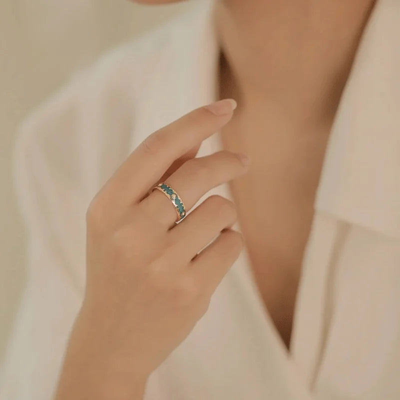 luckacco exquisite design green enamel rings retro aestheticism gold color metal enamel process pattern rings jewelry