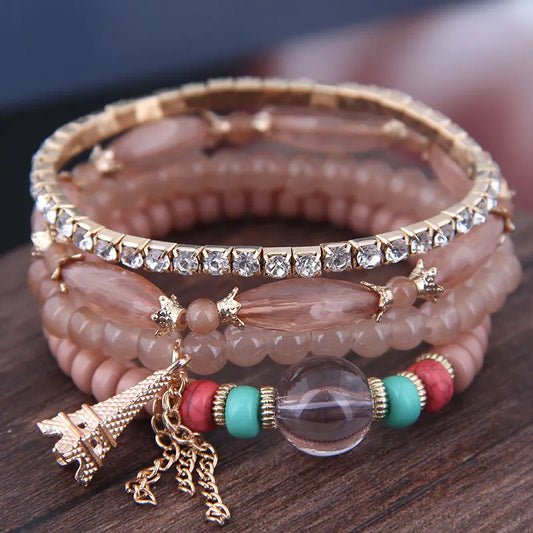 Luckacco DIEZI Korean Ethnic Bohemian Crystal Beads Leaves Charm Bracelets For Women Girls Elastic Rope Wrap Bracelet Pulseira Feminina