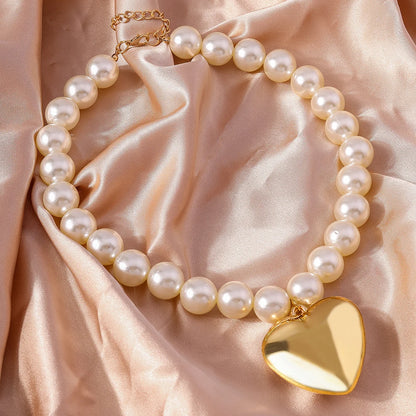 Luckacco Exaggerated Imitation Pearl Beads Necklace for Women CCB Big Heart Pendant Choker Necklace Jewelry Gift
