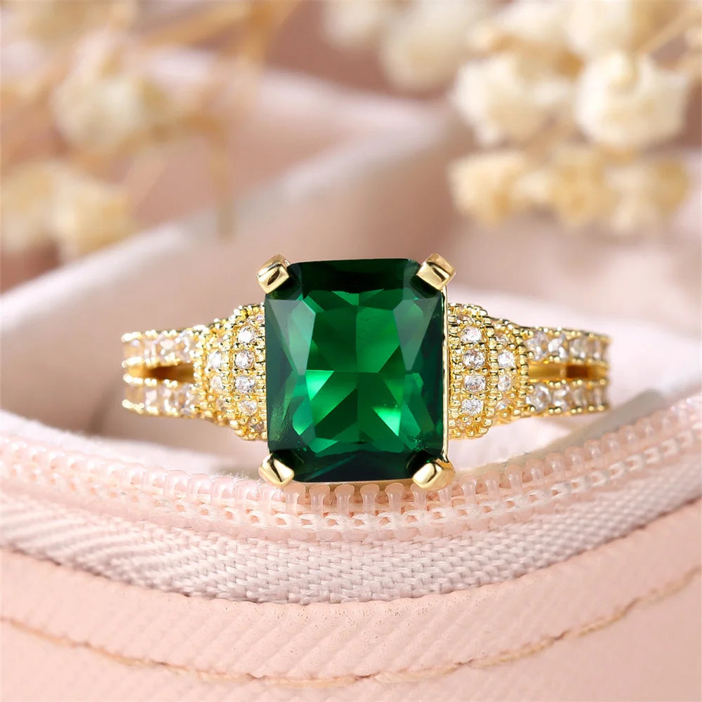 luckacco green crystal square stone engagement rings for women yellow gold color wedding band jewelry may birthstone mother's day gifts