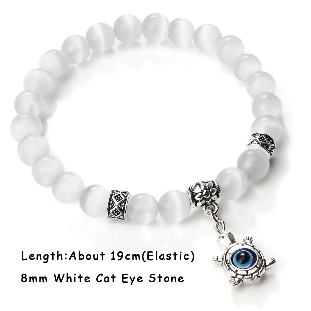 luckacco natural cat eye stone bracelet & bangle for women brief white pink opal beads yoga balance jewelry lucky wristband handmade gift