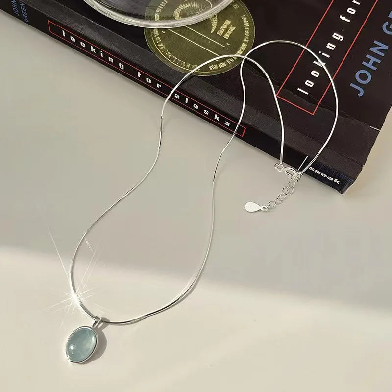 luckacco 925 sterling silver blue crystal moonstone necklace unique design elliptical natural stone pendant snake bone chain gift jewelry