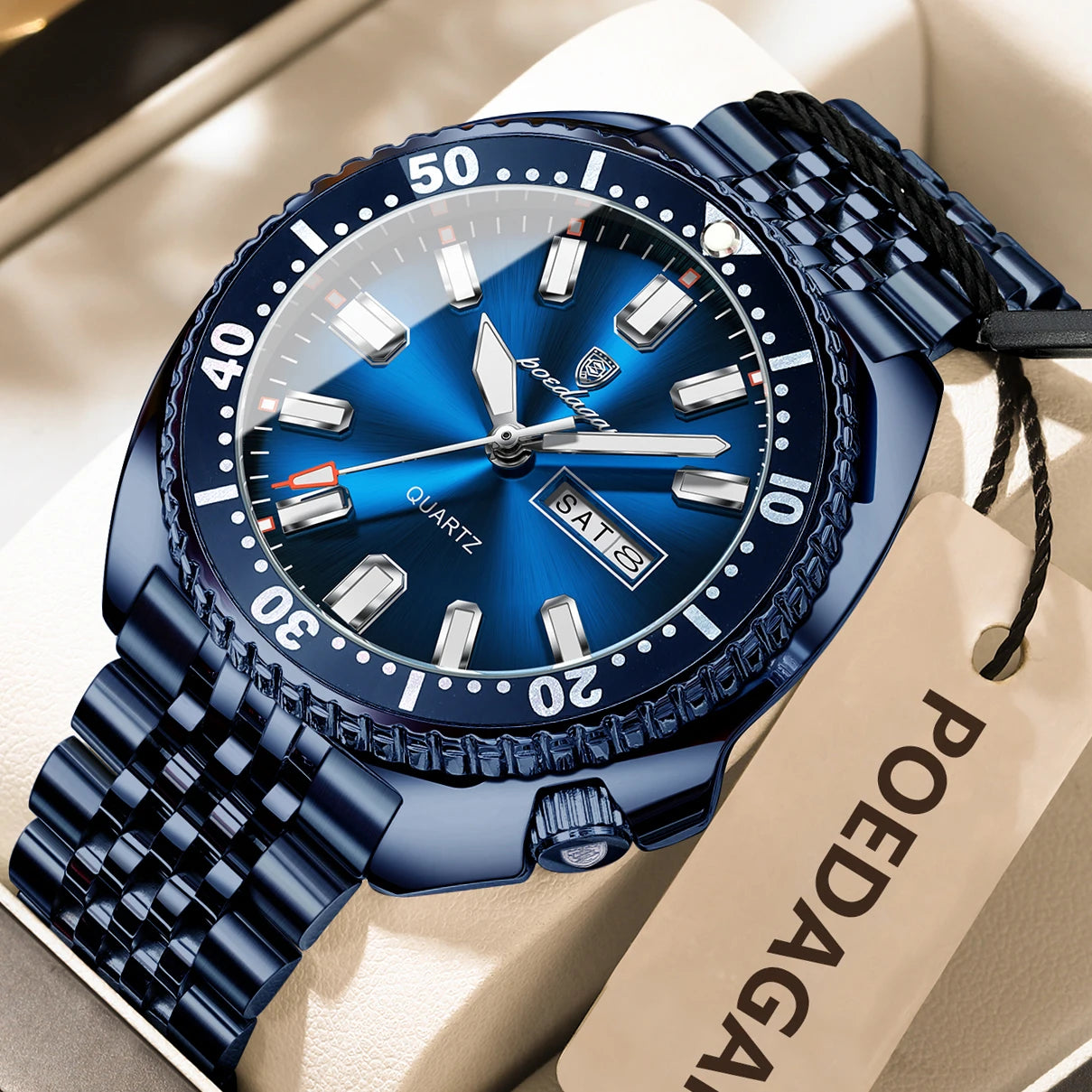 luckacco poedagar business men watch date week waterproof luminous luxury man wristwatch sports stainless steel men's quartz watches male
