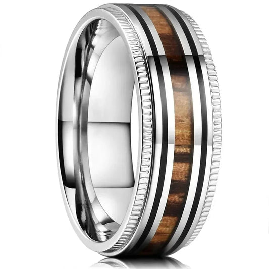 Luckacco Fashion 8mm Men Stainless Steel Rings Inlay Meteorite Abalone Shell Rings For Men Women Wedding Engagement Band Jewelry Gift