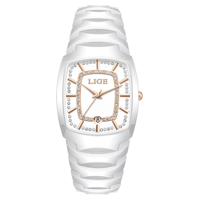 luckacco lige 2025 top elegant women's watch waterproof fashion ladies clock creative ceramic strap watch for women gift relogio feminino