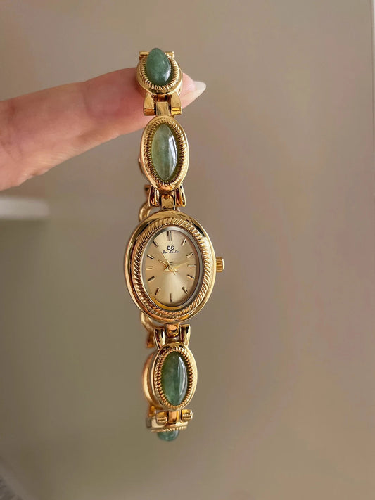 Luckacco Natural Jade Bracelet Watch Gift Women,Ladies Watches Luxury High Quality Gold Quartz Watches, Elegant Women's Wristwatches