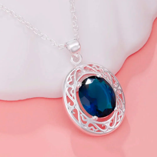 Luckacco 45cm Luxury 925 sterling Silver romantic Blue Crystal Oval Pendant Necklace For Women fashion party wedding Jewelry gifts