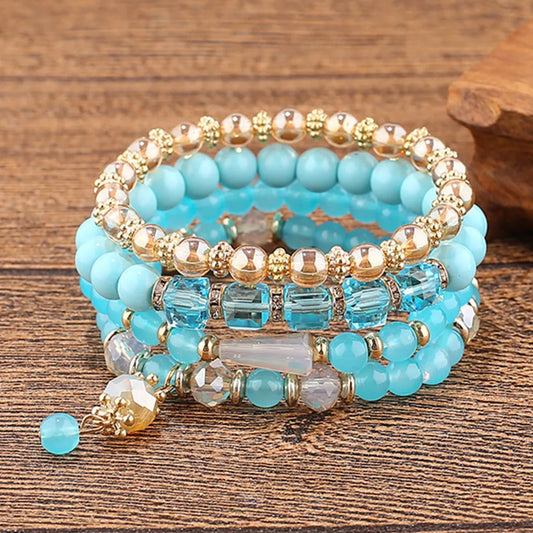 Luckacco DIEZI Korean Ethnic Bohemian Crystal Beads Leaves Charm Bracelets For Women Girls Elastic Rope Wrap Bracelet Pulseira Feminina