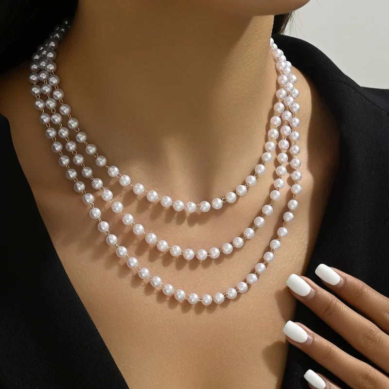 luckacco simple imitation pearl multi-layer chain beaded necklace women's fashion girl white wedding dress bride banquet jewelry gift