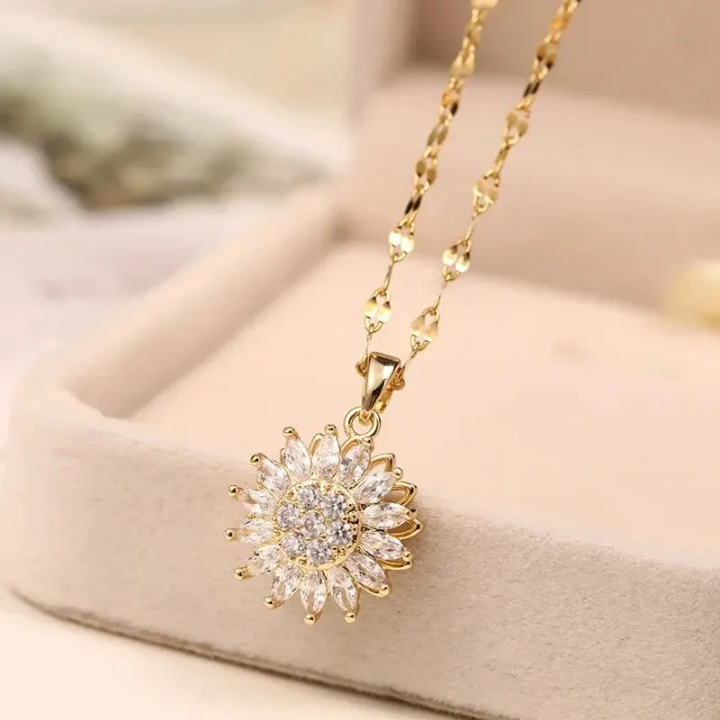 luckacco classic sunflower cubic zirconia pendant necklaces for women gold color alloy rotate necklace daily jewelry