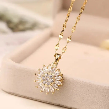Luckacco Classic Sunflower Cubic Zirconia Pendant Necklaces For Women Gold Color Alloy Rotate Necklace Daily Jewelry