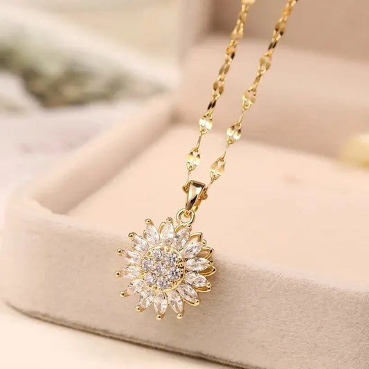 Luckacco Classic Sunflower Cubic Zirconia Pendant Necklaces For Women Gold Color Alloy Rotate Necklace Daily Jewelry
