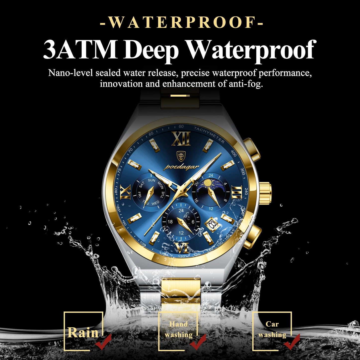 luckacco poedagar luxury sport man wristwatch original luminous week date watch for men stainless steel men's quartz watches reloj hombre