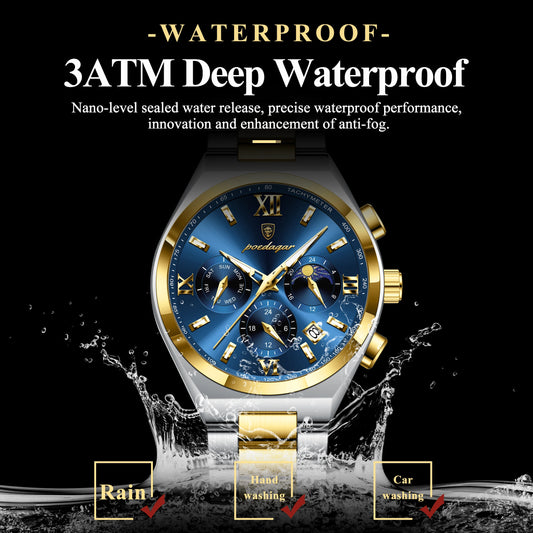 Luckacco POEDAGAR Luxury Sport Man Wristwatch Original Luminous Week Date Watch For Men Stainless Steel Men's Quartz Watches Reloj Hombre