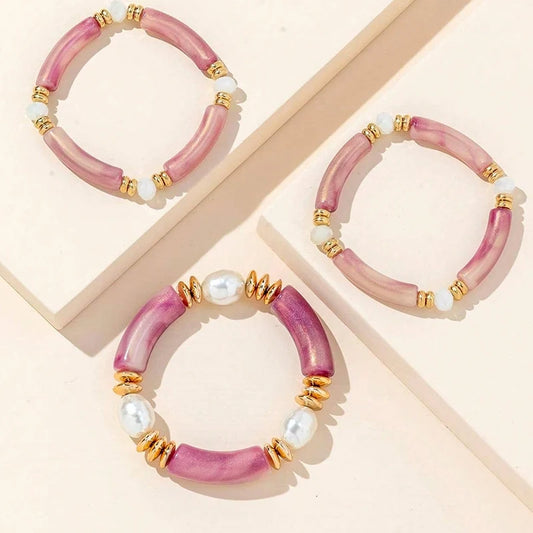 Luckacco 3PCS Set Vintage Design Resin Elastic Bracelet Blue Bamboo Gold Color Spacer Pearl Bracelet Pink Green Coffee Color Option